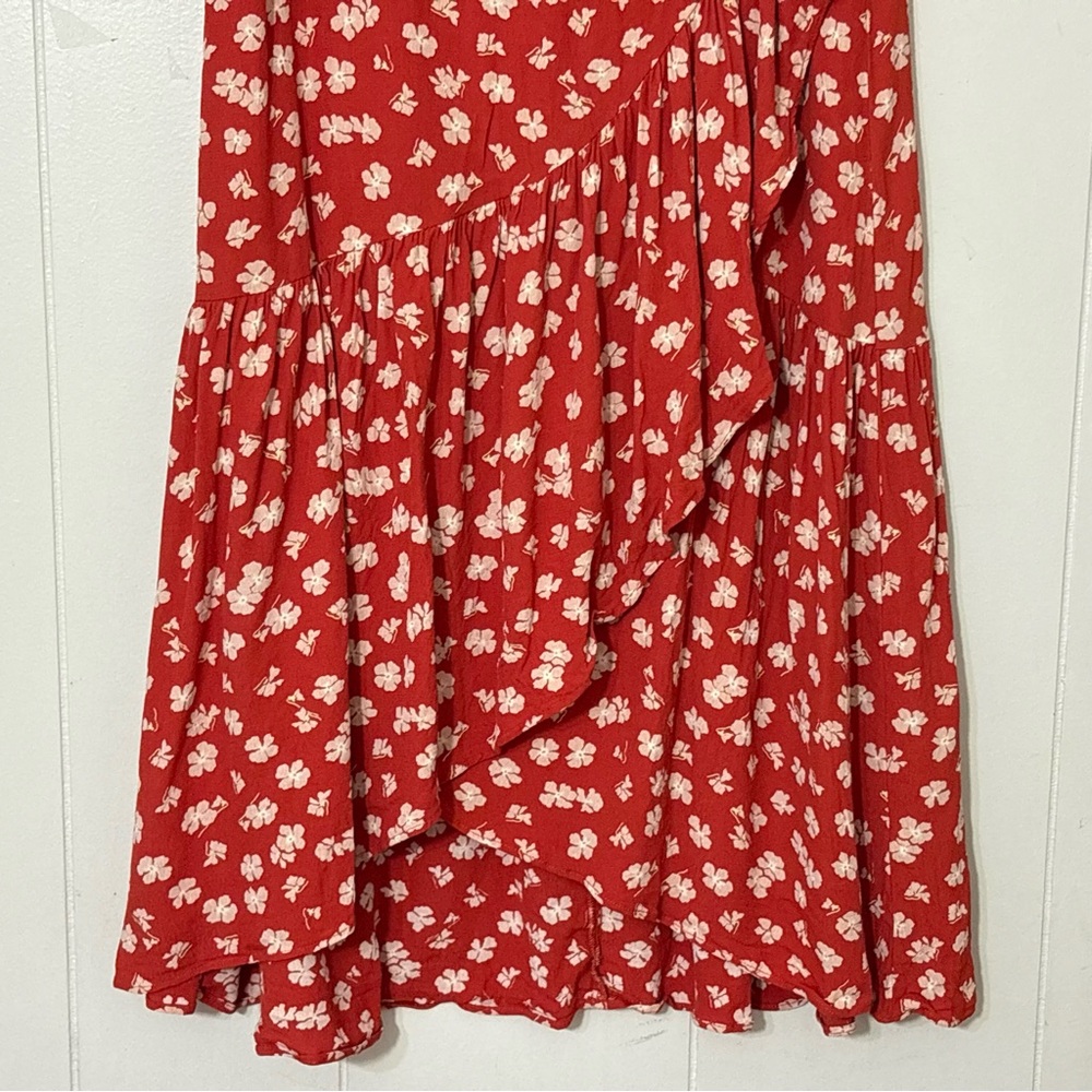 Madewell Happy Hibiscus Ruffle Wrap Midi Skirt Red Floral 2 Cottagecore Boho - Picture 4 of 12